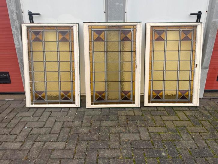 8x antieke Glas in Lood Ramen oude stalramen antiek, Doe-het-zelf en Verbouw, Glas en Ramen, Gebruikt, Gevelraam of Ruit, Minder dan 80 cm