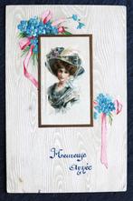 Dame met hoed, nieuwjaarstafereel met vergeet-me-niet, 1909, Verzenden, Voor 1920, Gelopen, Feest(dag)