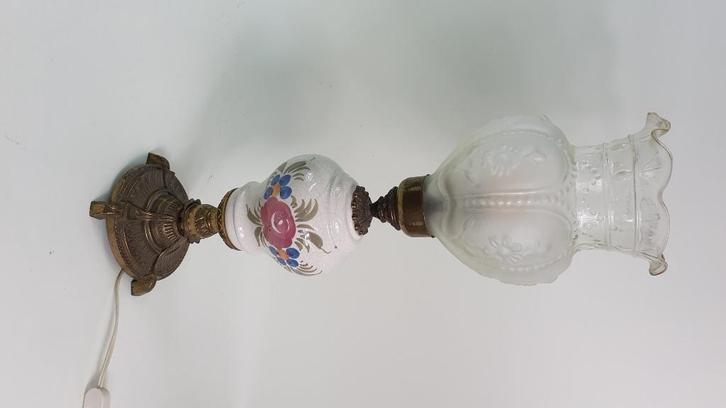 Antieke Italiaanse tafellamp, messing, aardewerk, glas. S13, Antiek en Kunst, Antiek | Lampen, Ophalen of Verzenden