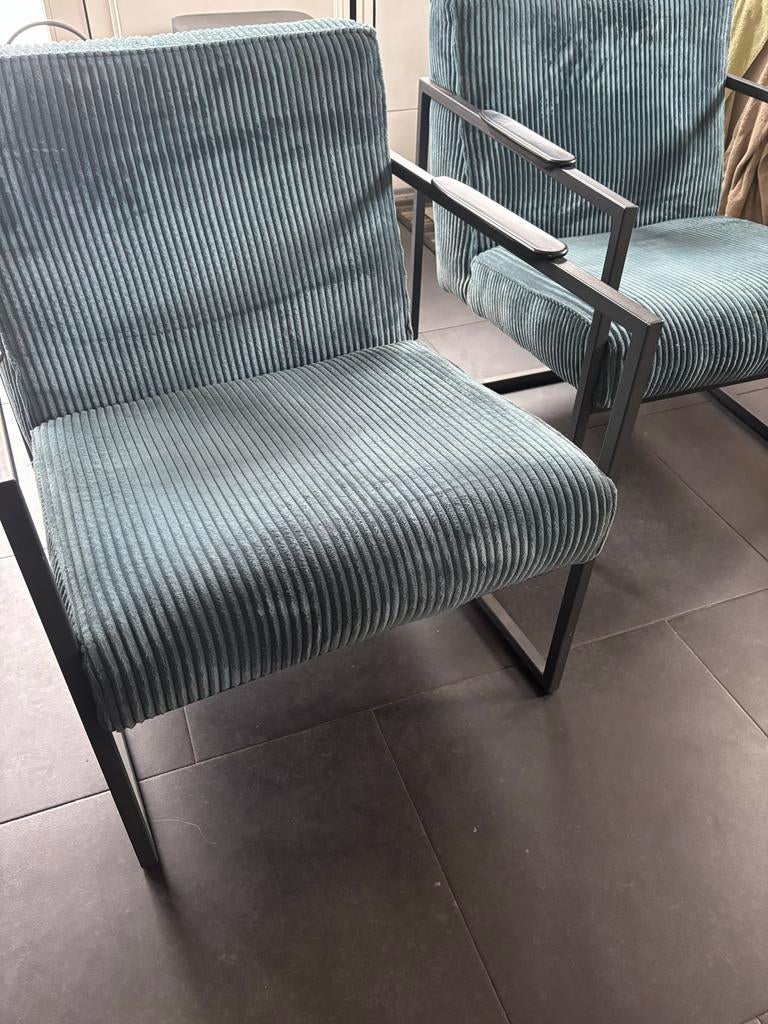 Twee Dutch Design Fauteuils - Petrol Ribstof, Ophalen, Gebruikt, Twee, Blauw