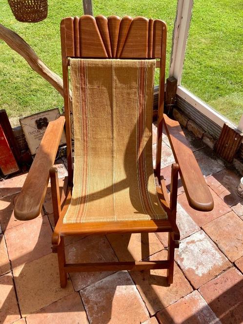 Vintage deckchair ligstoel teakhout 1920 houten terrasstoel, Huis en Inrichting, Stoelen, Gebruikt, Eén, Hout, Stof, Bruin, Ophalen