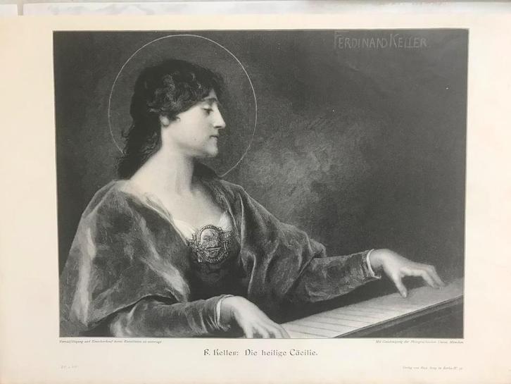 Ferdinand Keller: Die heilige Cäcilie, 1896, 30x23cm., mooi!, Antiek en Kunst, Kunst | Etsen en Gravures, Ophalen of Verzenden