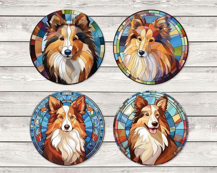 Collie Glas in Lood onderzetters met houder rond, Huis en Inrichting, Woonaccessoires | Onderzetters, Nieuw, Glas of Kopje, Ophalen of Verzenden