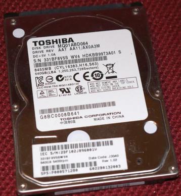 TOSHIBA MQ1ABD064 640GB Harddisk, 100% goed beschikbaar voor biedingen