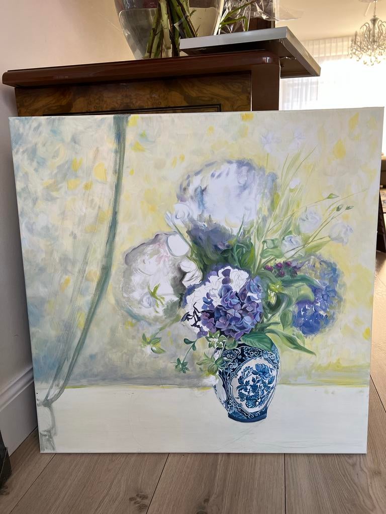 Bloemen in Delfts Blauwe Pot - Olieverf Schilderij 60x60, Ophalen