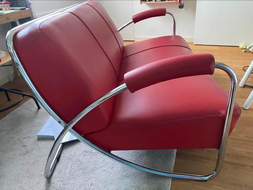 Rode vintage tweezitsbank (vis) Dyker / Anton Lorentz, Huis en Inrichting, Fauteuils, Gebruikt, Kunststof, Leer, Metaal, 125 cm of meer