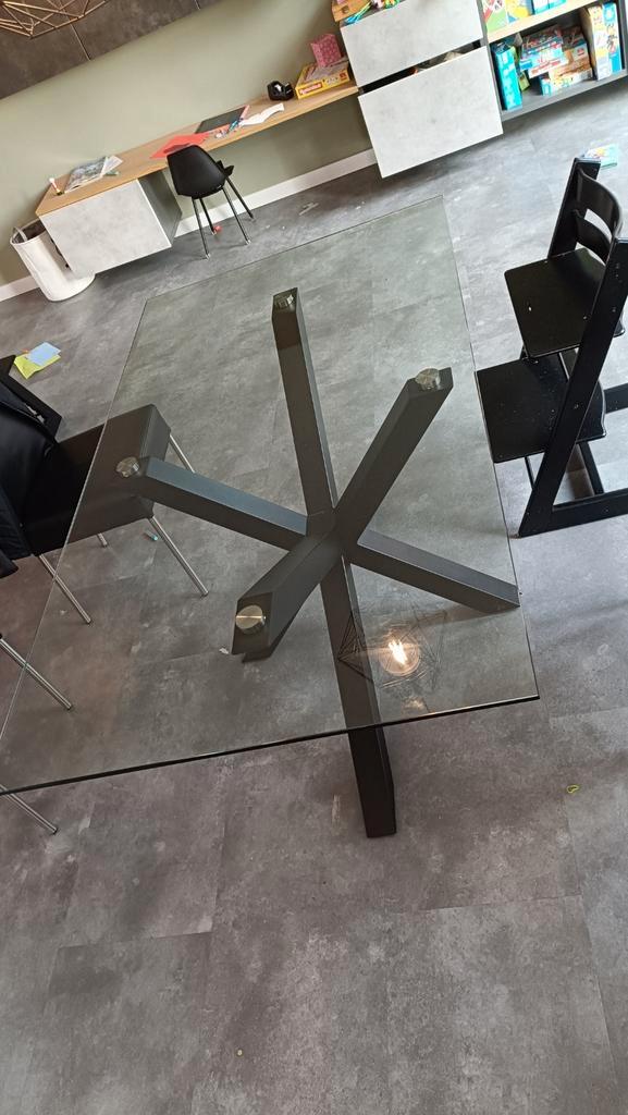 Goossens Argo glazen eettafel + 6 stoelen, Huis en Inrichting, Tafels | Eettafels, Gebruikt, 50 tot 100 cm, 150 tot 200 cm, Vier personen