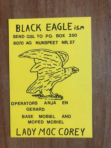 QSL kaart Black Eagle ism Lady Mac Corey. Nunspeet.