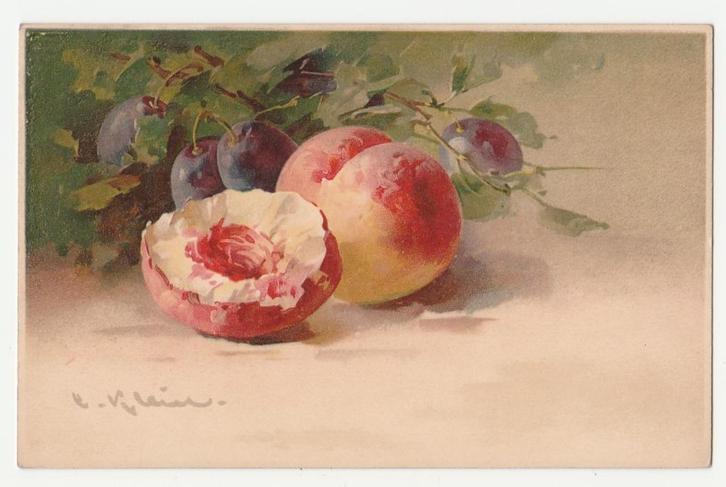Perziken.  Druiven.  Cath. Klein.  Illustrateurs.  Fruit., Verzamelen, Ansichtkaarten | Themakaarten, Ongelopen, Voor 1920, Overige thema's