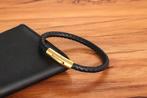 Heren Zwarte Gouden Gevlochten Leren Armband, Verzenden, Nieuw, Zwart, Leer