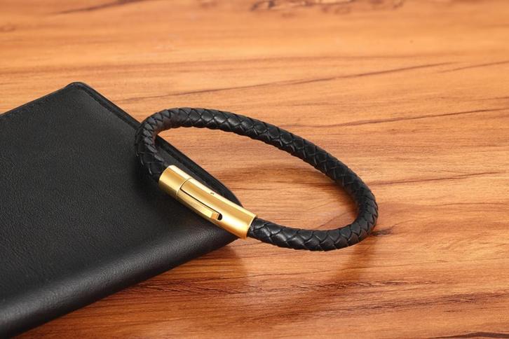 Heren Zwarte Gouden Gevlochten Leren Armband, Sieraden, Tassen en Uiterlijk, Armbanden, Nieuw, Leer, Zwart, Verzenden