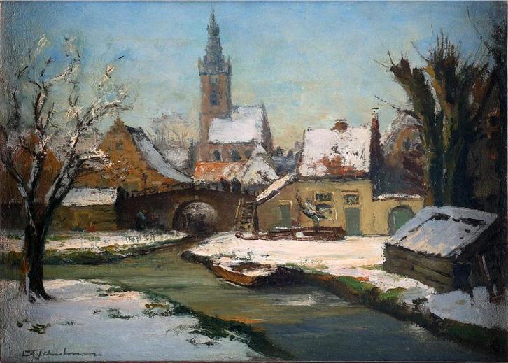 David Schulman, Winters tafereel in Edam! NU € 575!!!, Antiek en Kunst, Kunst | Schilderijen | Klassiek, Ophalen of Verzenden