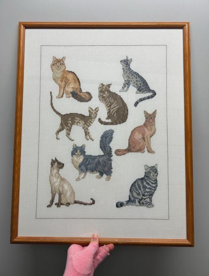 Groot vintage borduurwerk van katten, Hobby en Vrije tijd, Borduren en Borduurmachines, Ophalen