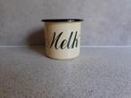 Emaille Mok 9x8 cm. "Melk" Creme Groen, Huis en Inrichting, Keuken | Servies, Overige materialen, Ophalen of Verzenden, Zo goed als nieuw