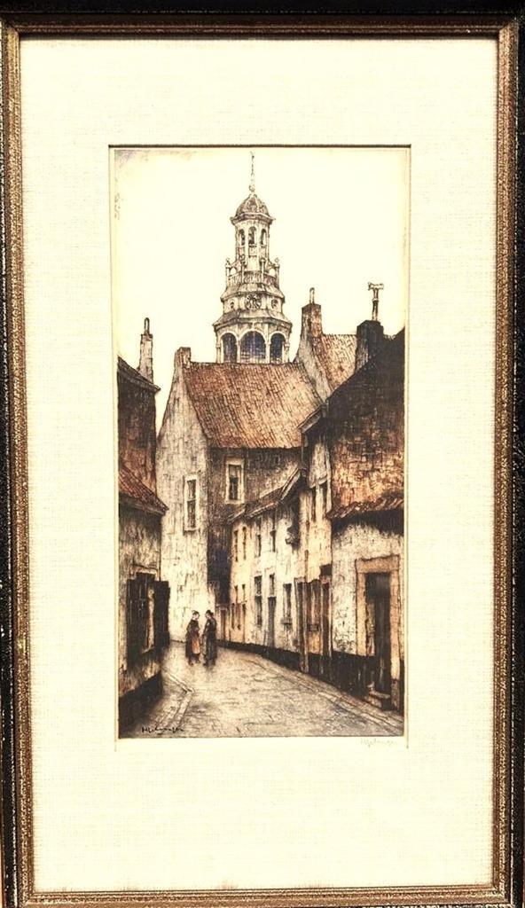 Mooi  Ingekleurde Ets   "Stadsgezicht"  van Han Jelinger, Antiek en Kunst, Kunst | Etsen en Gravures, Ophalen of Verzenden