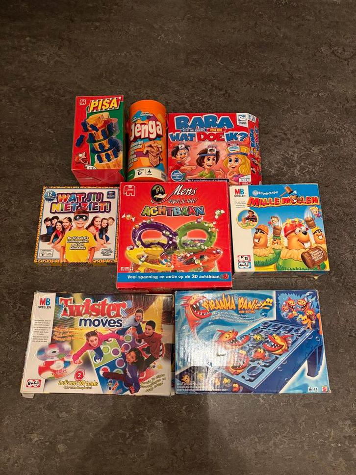 Diverse gezelschapsspellen - Pisa, Jenga, Twister..., Hobby en Vrije tijd, Gezelschapsspellen | Bordspellen, Gebruikt, Een of twee spelers