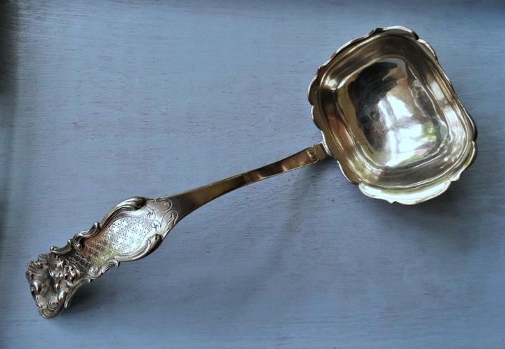 Grote antiek zilveren pollepel, Grebe, soeplepel, 19de eeuw, Antiek en Kunst, Antiek | Goud en Zilver, Zilver, Verzenden