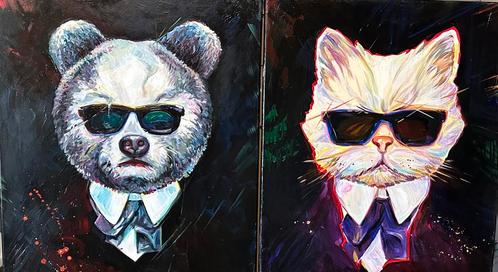 Alex L- Mafia dieren- Twee Luik- Handgeschilderd (100%)-, Antiek en Kunst, Kunst | Schilderijen | Modern, Ophalen of Verzenden
