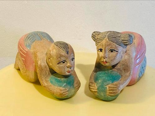 Vintage antiek Chinees kinderen met houten hoofdsteun, x2, Antiek en Kunst, Kunst | Beelden en Houtsnijwerken, Ophalen of Verzenden