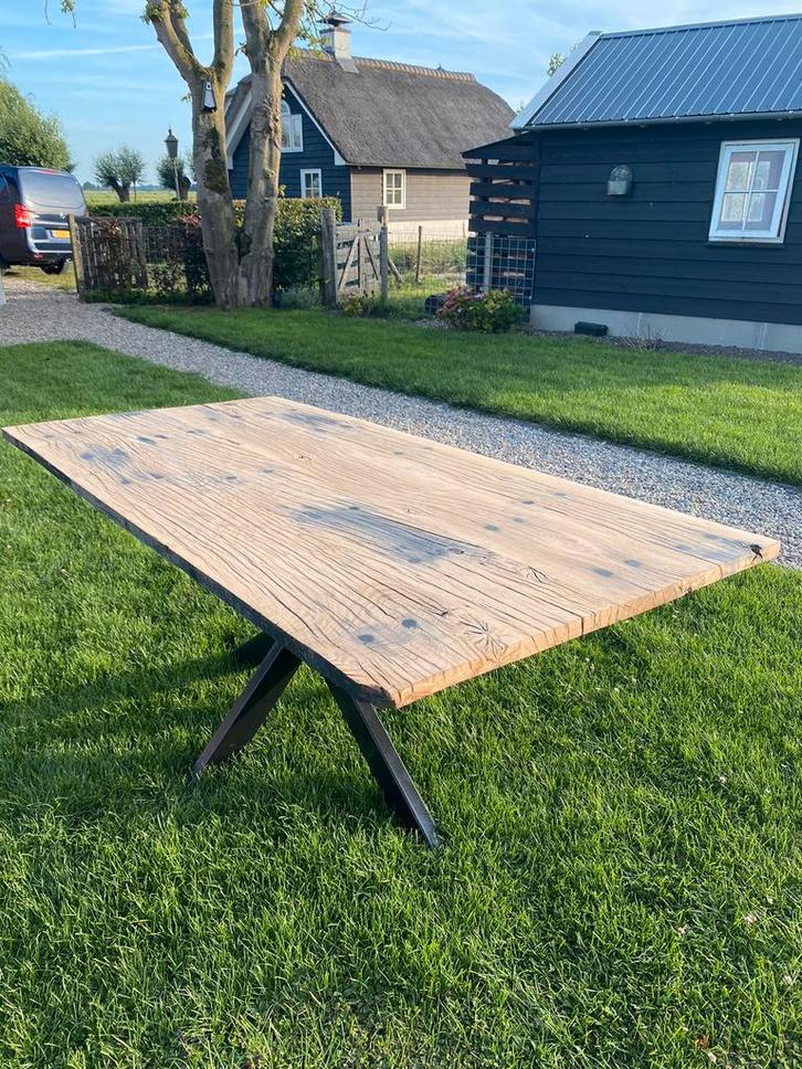 Spoorbielzen Tafel { X-poten } Epoxy - Zwart - industrieel-, Antiek en Kunst, Antiek | Meubels | Tafels, Ophalen
