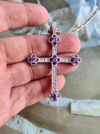 925 massief zilveren ketting en kruishanger met amethisten, Met edelsteen, Nieuw, Ophalen of Verzenden, Zilver
