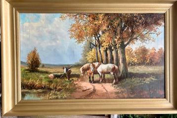 Schilderij P. Verschuur ‘boer en 2 paarden in landschap’ beschikbaar voor biedingen