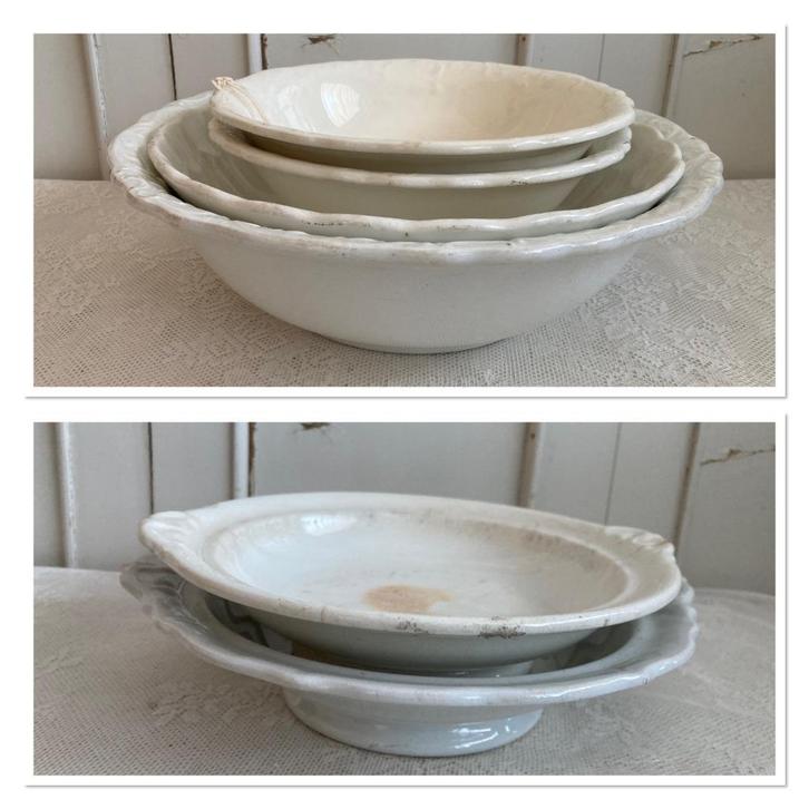 P. Regout / Brocante witte ronde schalen & schalen op voet, Antiek en Kunst, Curiosa en Brocante, Ophalen of Verzenden