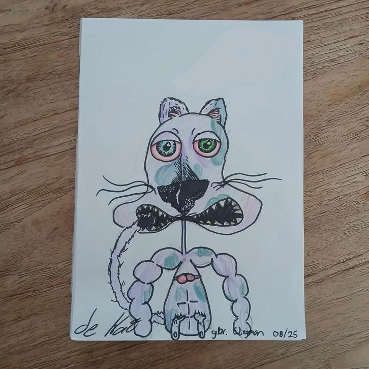 *VERKOCHT* "De Kat" gbr. Wiegman 08/25, Antiek en Kunst, Kunst | Tekeningen en Foto's, Ophalen of Verzenden