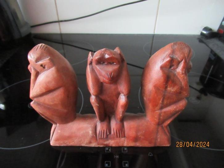 ART DECO HOUTEN BEELD- 3 APEN- HOREN, ZIEN EN ZWIJGEN-CA1935, Antiek en Kunst, Kunst | Beelden en Houtsnijwerken, Ophalen of Verzenden
