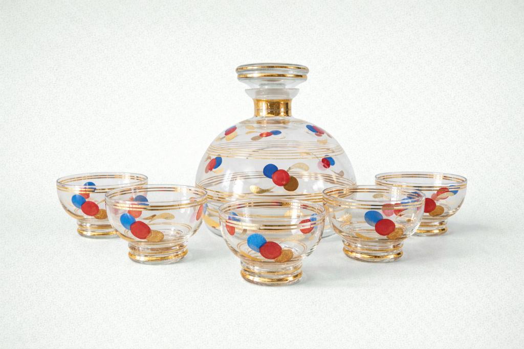 Boheems likeurset karaf + 5 glazen Art Deco jaren 1920/1930, Ophalen of Verzenden