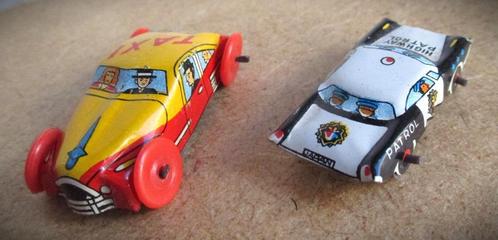 Blik~Taxi en Politie Blikken Auto~Politieauto en Taxi~Tin Ta, Antiek en Kunst, Antiek | Speelgoed, Ophalen of Verzenden
