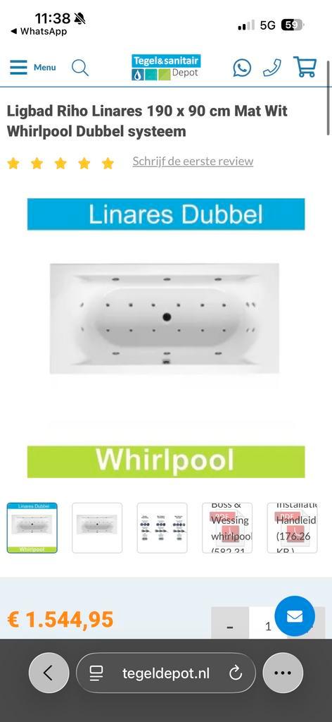 Riho Linares Whirlpool Bad 190x90 Mat Wit - Dubbel Systeem, Huis en Inrichting, Badkamer | Complete badkamers, Gebruikt, Met bad