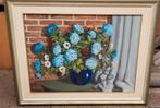 Schilderij met blauwe hortensia's en anemonen 85x105 cm., Antiek en Kunst, Kunst | Schilderijen | Klassiek, Ophalen of Verzenden