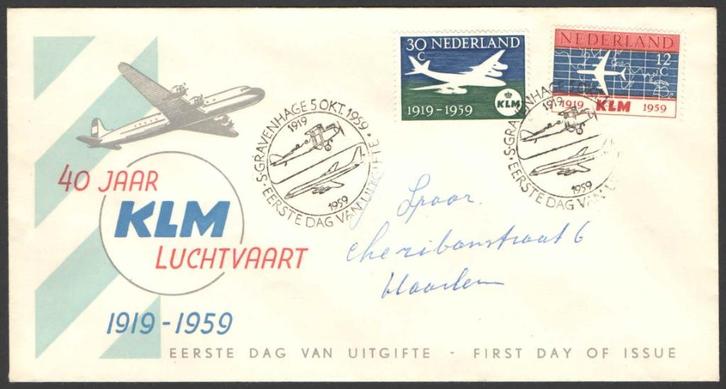 Nederland FDC E40 Met Adres, KLM 40 jaar 1959, Postzegels en Munten, Postzegels | Eerstedagenveloppen, Beschreven, Nederland, Ophalen of Verzenden