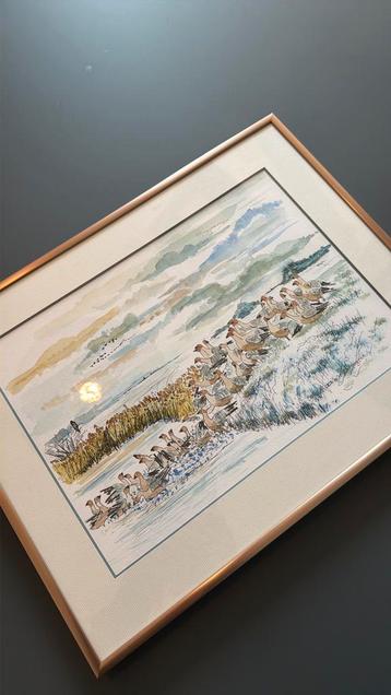 Aquarel | Kunst Rietganzen gesigneerd JCD ’14-15 | Ingelijst beschikbaar voor biedingen