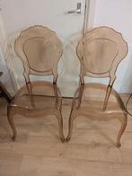 Twee kunststof stoelen, oranje bruin, transparant, Huis en Inrichting, Stoelen, Ophalen, Kunststof, Gebruikt, Twee