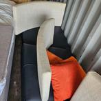 Leren bankstel met stoffen achterkant en kussens, Gebruikt, 75 tot 100 cm, Rechte bank, Modern