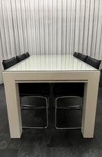 Prachtige Hoogglans Witte Eettafel met Kristal + 6 Stoelen, Ophalen, Teakhout, 50 tot 100 cm, Zo goed als nieuw