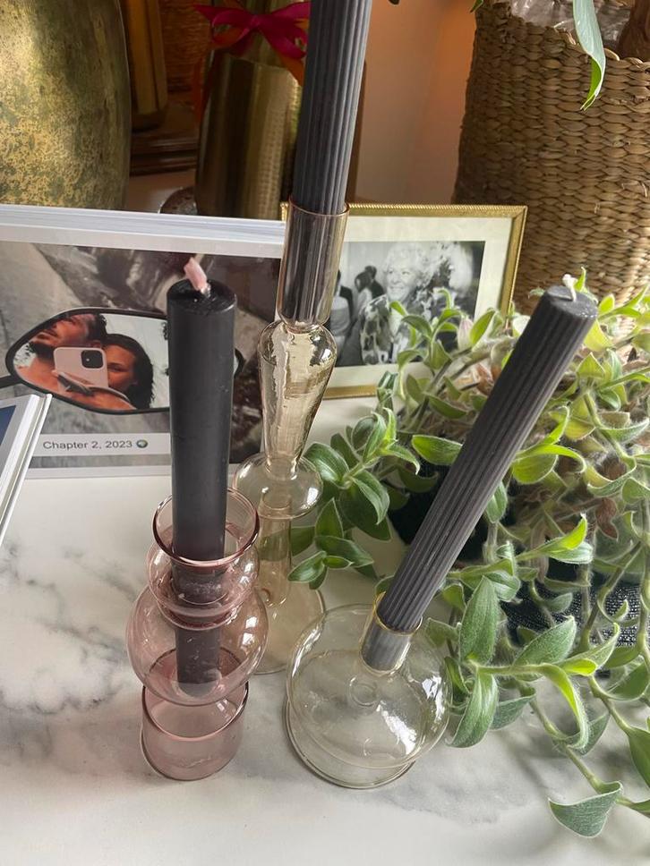 Glazen Kandelaars Set met Kaarsen, Huis en Inrichting, Woonaccessoires | Kandelaars en Kaarsen, Zo goed als nieuw, Kandelaar, Minder dan 25 cm