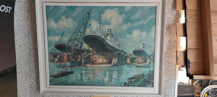 Schoolplaat "Scheepswerf aan de Nieuwe Maas bij Rotterdam"., Antiek en Kunst, Kunst | Tekeningen en Foto's, Ophalen