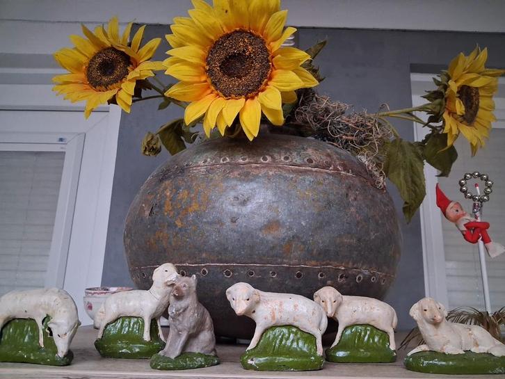 5 oude kerstgroep schaapjes & 1 hond, Diversen, Kerst, Gebruikt, Ophalen of Verzenden