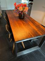 Eettafel van Amerikaans notenhout en RVS  220 x 95 cm, Huis en Inrichting, 200 cm of meer, 50 tot 100 cm, Gebruikt, Rechthoekig