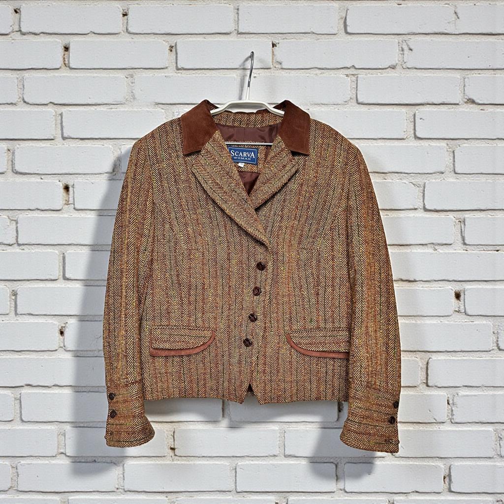 Vintage Blazer Maat 46 Geel Bruin Visgraat Wol Zijde Scarva, Kleding | Dames, Jasjes, Kostuums en Pakken, Gedragen, Jasje, Maat 46/48 (XL) of groter