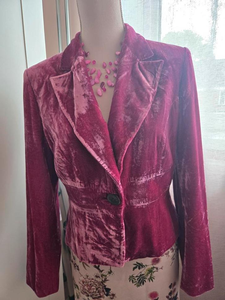 Vintage fluwelen blazer, Kleding | Dames, Jasjes, Kostuums en Pakken, Zo goed als nieuw, Jasje, Maat 38/40 (M), Roze, Ophalen of Verzenden