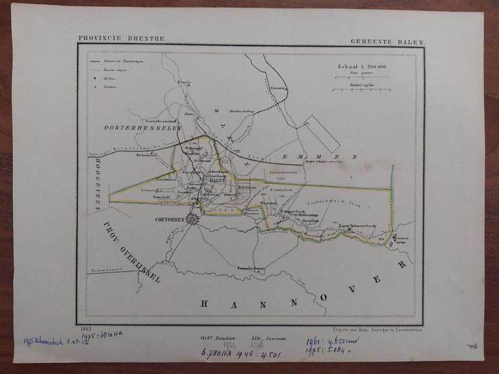 7 / Gemeente Dalen met Coevorden litho uit 1865 van J Kuyper, Antiek en Kunst, Kunst | Litho's en Zeefdrukken, Ophalen of Verzenden
