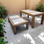 Houten Eettafel met Beige Marmerlook Stenen, Huis en Inrichting, Tafels | Eettafels, Ophalen, 50 tot 100 cm, Zo goed als nieuw