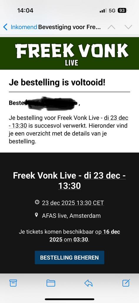 4 tickets 1e rang FREEK VONK Afas live - 23 december 13:30u, Tickets en Kaartjes, Theater | Overige, Drie personen of meer, December