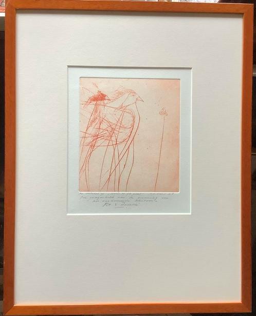 Vogel, bloem, ets, gravure, schilderij, Ko Oosterkerk, oud, Antiek en Kunst, Kunst | Etsen en Gravures, Ophalen of Verzenden