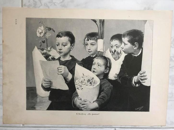 G. Geoffroy: "Wir gratuliren!", or. gravure 1896, 30x22cm., Antiek en Kunst, Kunst | Etsen en Gravures, Ophalen of Verzenden