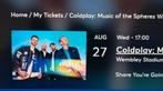 2 tickets Coldplay Londen 27 augustus zitplaatsen, Tickets en Kaartjes, Twee personen, Augustus
